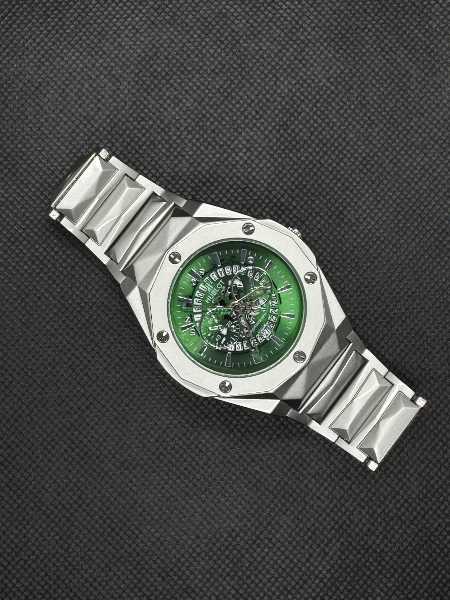 Hublot Geneve Master lock Green Dial Diamont Cut Stainless Steel Date Working